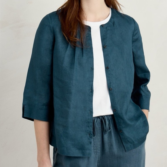 Seasalt Women's Top - teal Wild Fennel Button Through Linen Regular size 12 - Picture 3 of 10